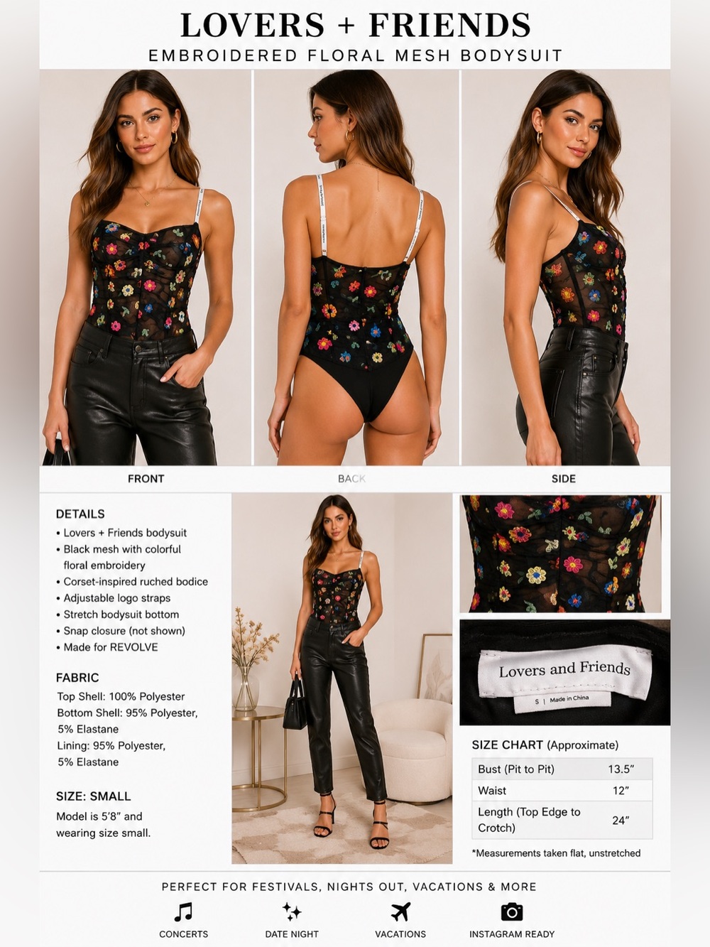 Lovers + Friends Black Embroidered Floral Mesh Bodysuit Women’s Small Corset Top